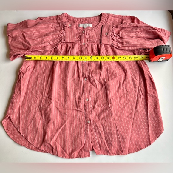 Women's LOFT Coral Pink White Striped Button Up Flowy Long Slv Blouse - Size XL - Picture 6 of 9